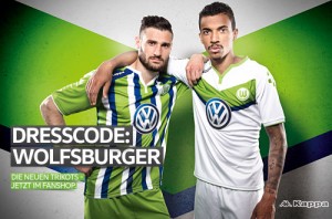 Un'immagine delle nuove maglie Kappa per il Wolfsburg, club di Bundesliga sponsorizzato dal marchio Volkswagen.