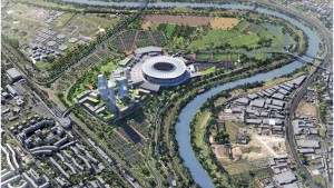 Un rendering del futuro progetto dello stadio della AS Roma, nell'area di Tor di Valle