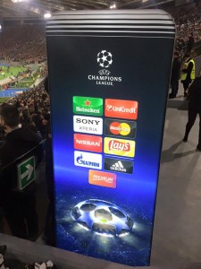 Un totem degli sponsor della Champions league 2016 all'interno dell'area ospitalità dello stadio Olimpico