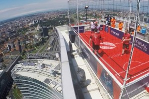 Il mini campo di calcio a due allestito (sulla parte alta delle Torri Unicredit) in vista della finale di Champions league 2016 a San Siro (Milano)