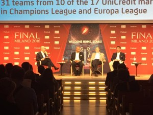 Un momento della conferenza stampa di presentazione dei dati Unicredit legati alla sponsorship di UCL e Europa League in vista della finale di Milano del 28 maggio sera