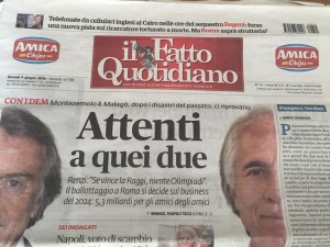 La prima pagina del 9 giugno 2016 del Fatto su Montezemolo-Malaò e il progetto Roma2024