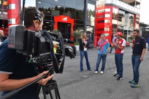 (L to R): Federica Masolin (ITA) Sky Italia Presenter, Jacques Villeneuve (CDN) Sky Italia, Marc Gene (ESP) Sky Italia and Carlo Vanzini (ITA) SKY Italia at Formula One World Championship, Rd11, Belgian Grand Prix, Practice, Spa Francorchamps, Belgium, Friday 21 August 2015.