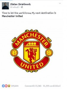 L'annuncio di Ibrahimovic dello sbarco a Manchester sul suo profilo Instagram