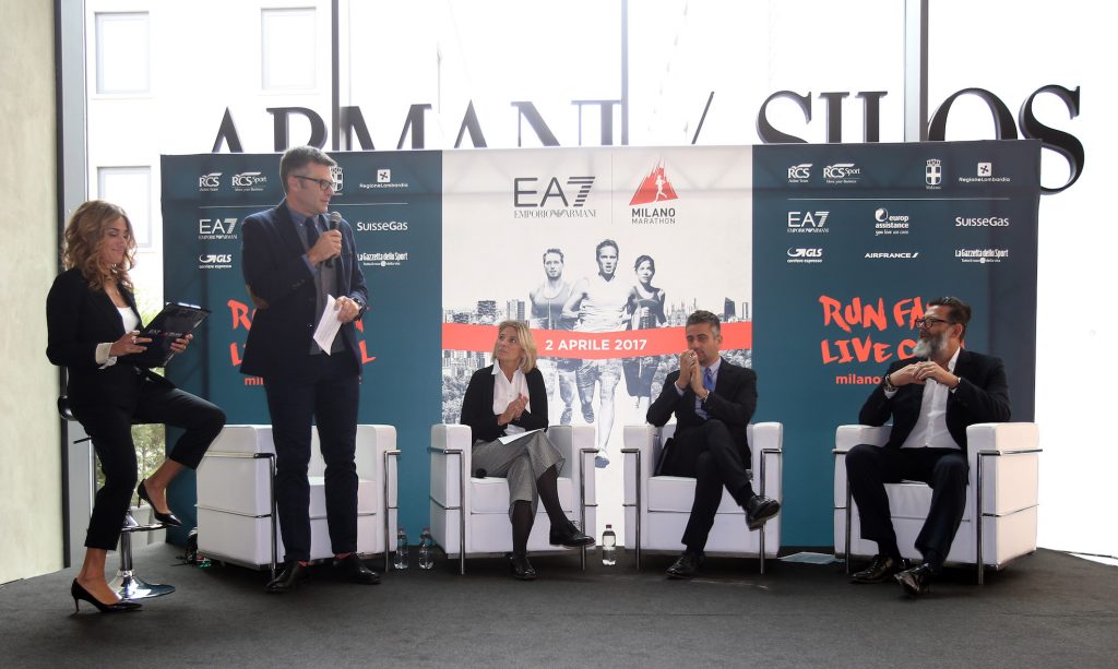 questa mattina all'Armani Silos  a Milano in occasione della presentazione alla stampa della Ea7 Emporio Armani - Milano Marathon 2017, 11 Ottobre 2016. ANSA / MATTEO BAZZI