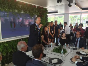 Un momento del saluto di Giovanni Malagò (CONI) per annunciare l'accordo con Coca Cola per Rio2016